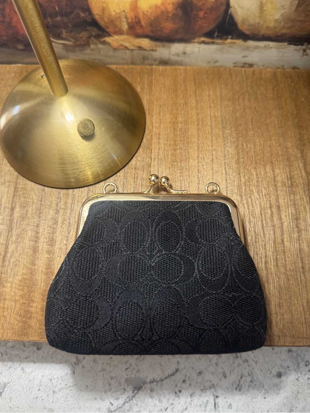 Black Coach Fabric Kiss-Lock Coin Purse with Gold Frame